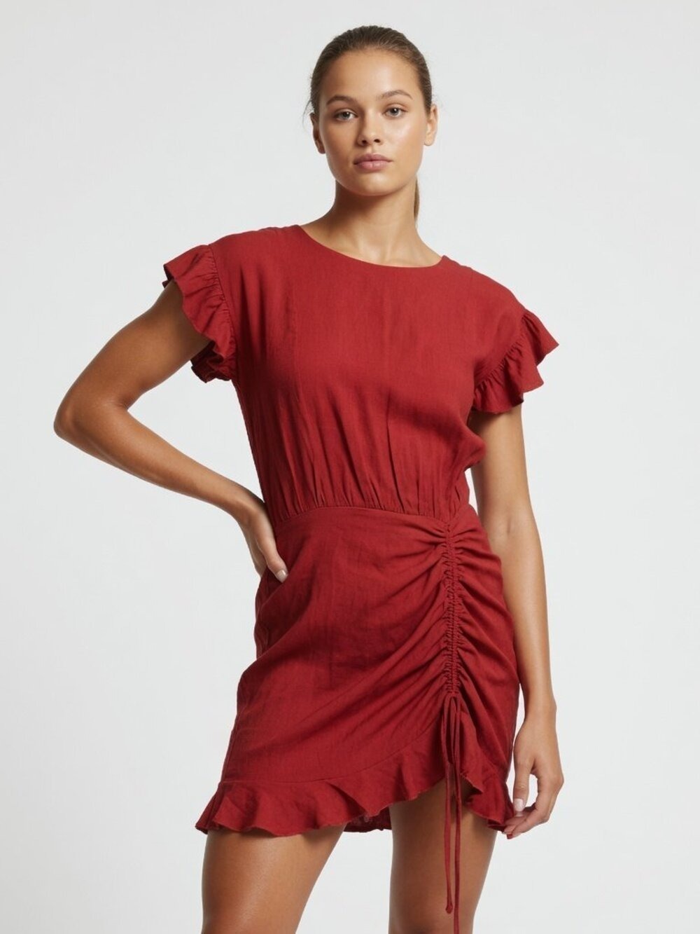 *Windsor Red Ruffle Sleeve Ruched Drawstring Mini Dress S 0577